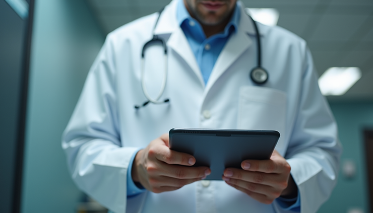 Eye-level view of a healthcare professional reviewing medication information on a tablet