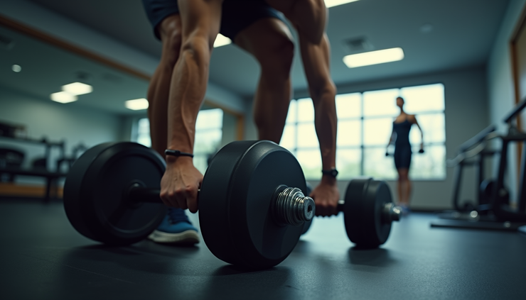 Eye-level view of a person performing resistance training with dumbbells in a gym