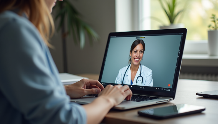 Eye-level view of a person using a laptop at home for a telehealth consultation