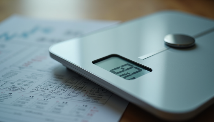 Close-up view of a digital weight scale displaying a weight measurement, next to a printed weight loss chart