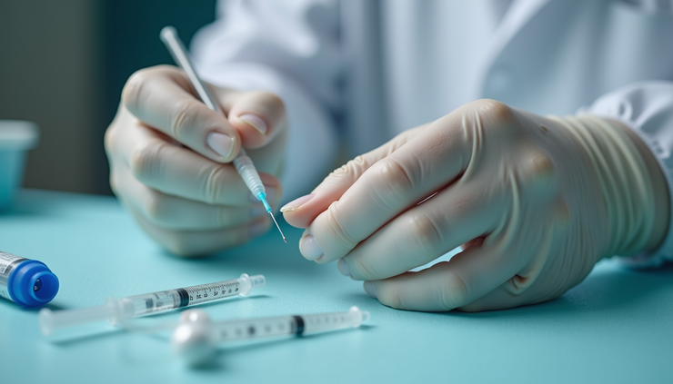 Eye-level view of a person preparing a peptide injection with medical supplies on a table