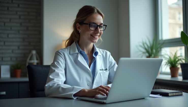 Eye-level view of a laptop displaying a virtual medical consultation interface