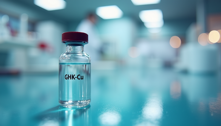 Eye-level view of a laboratory bench with reconstituted GHK-Cu solution in a sterile vial