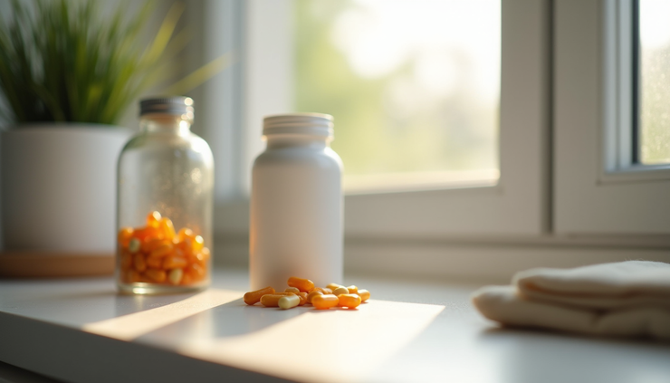 Eye-level view of a clean, organized home wellness setup with supplements and a water bottle