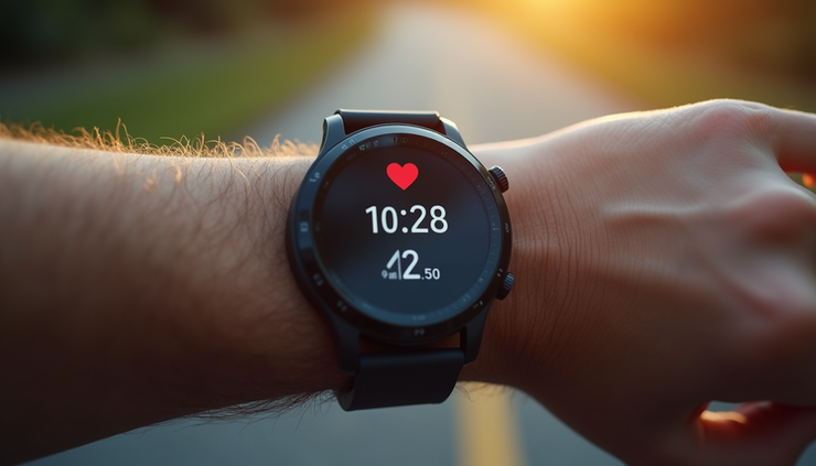 Close-up view of a smartwatch displaying health metrics during a workout