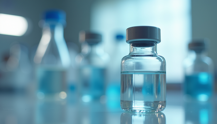 Close-up view of a vial containing peptide solution on a laboratory bench