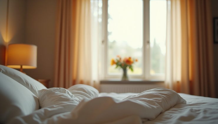 Eye-level view of a bedroom with soft lighting and a neatly made bed, symbolizing restful sleep
