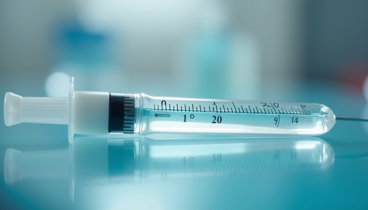 Close-up view of a syringe filled with peptide solution on a medical tray