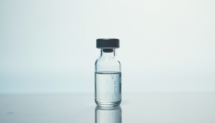Eye-level view of a vial containing GHK-Cu peptide solution on a white surface