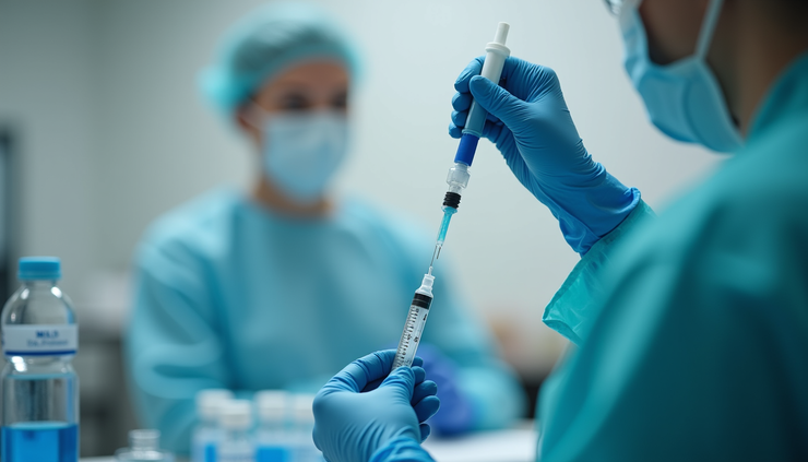 Eye-level view of a medical professional preparing a peptide injection in a clinical setting