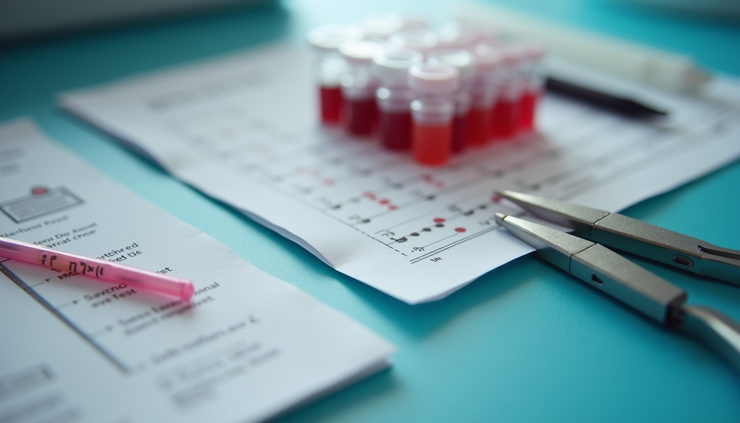 Eye-level view of a home testing kit with blood collection tools and instruction manual