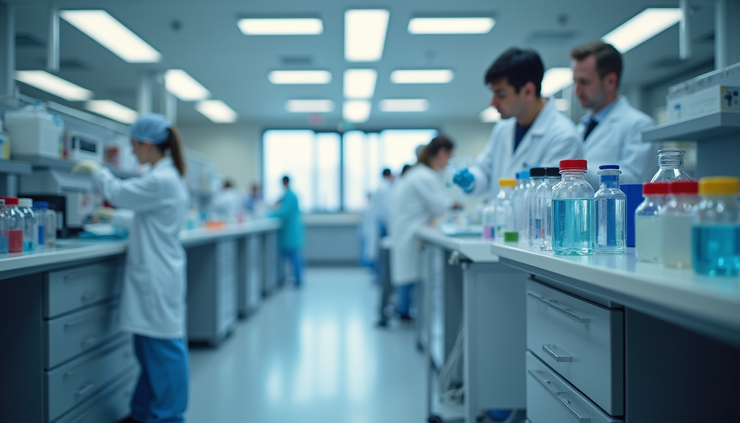 High angle view of laboratory equipment used for cancer research