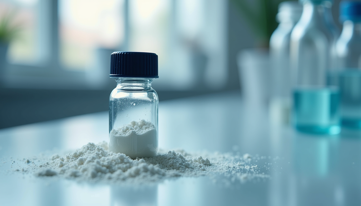 Close-up view of a vial containing peptide powder on a laboratory bench