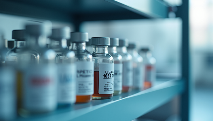 Eye-level view of a laboratory shelf with peptide vials neatly arranged
