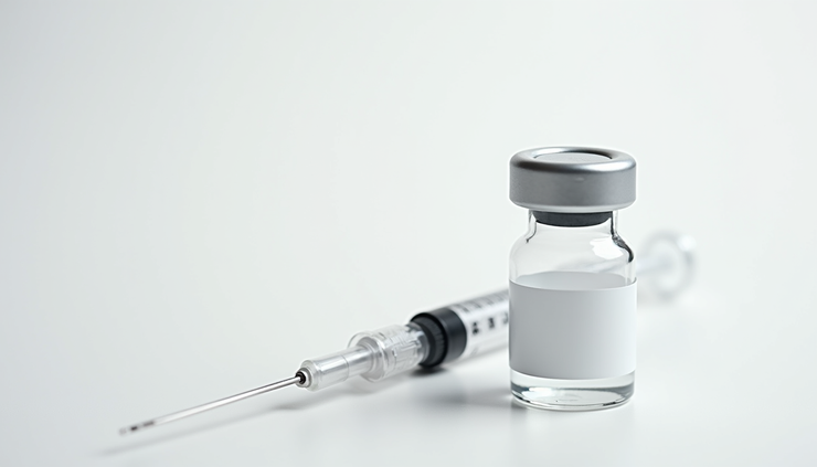 Close-up view of a vial with tirzepatide medication and syringe on a white surface