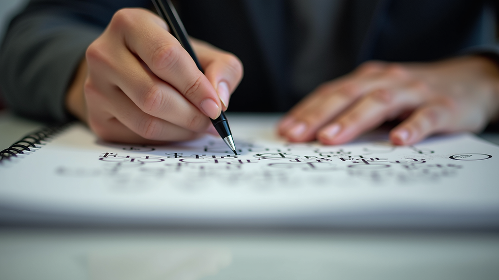 Plano detalle de manos escribiendo en cuaderno con gráficos de branding