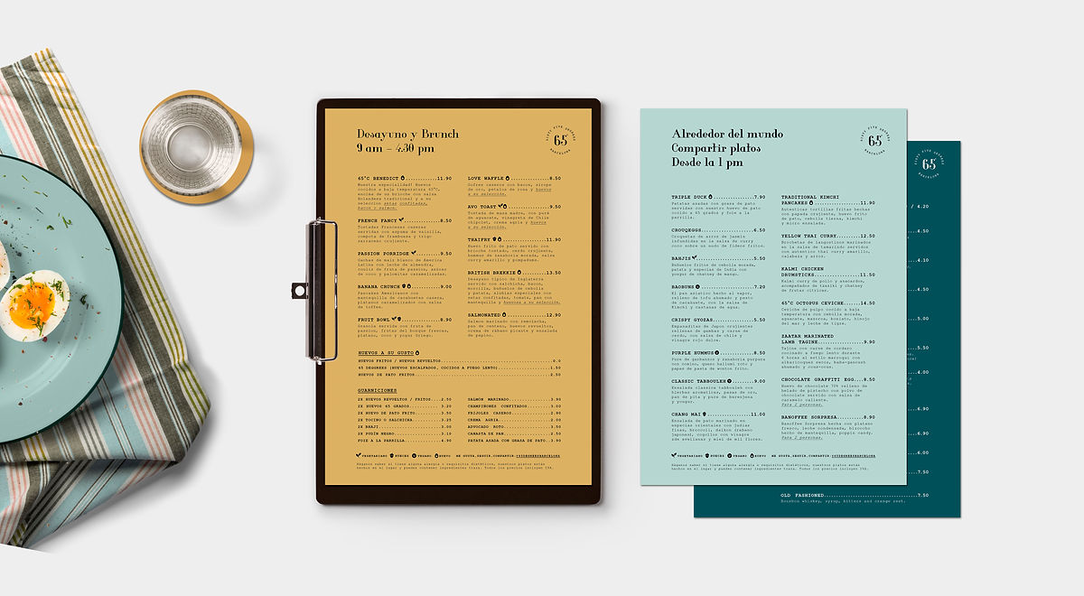 Restaurant menu design portfolio featuring a stylish and modern layout with color-coded sections.