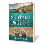 cover of the spiritual path book with image of a walking path next to the water and Ignatius' brown beaten leather shoes.