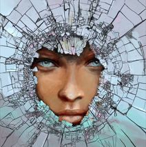 ein Gesicht schaut durch ein Loch und herum zerbrochenes Glas