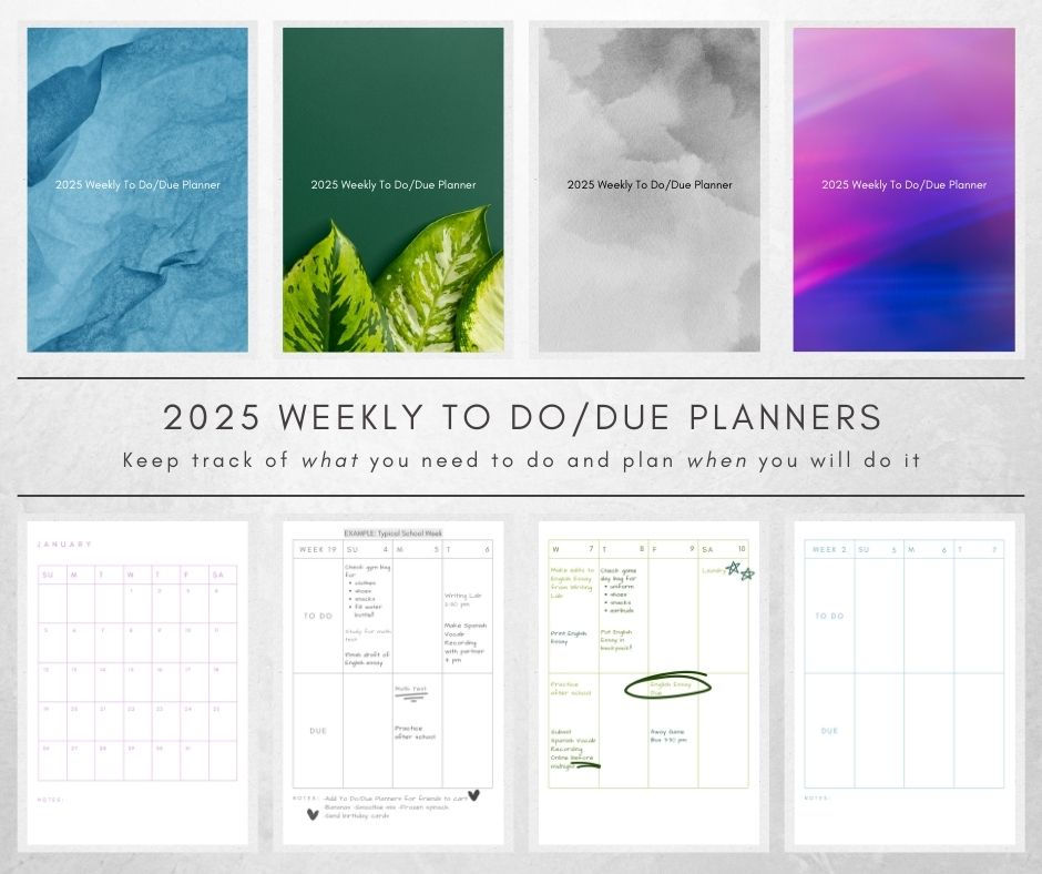 Four To Do/Due Planners in Blue, Leaf Green, Black and White, and Violet Ombre on the top row with inside planner images on the bottom row