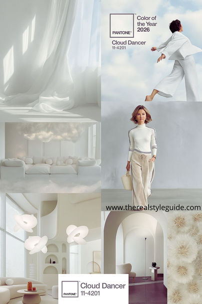 Collage met zachte, lichtdoorlatende witte gordijnen, een luchtige wolkenbank boven een crème kleurige zithoek, minimalistische organische verlichting, een rustige sculpturale hal en een modieuze vrouw in zachte neutrale tinten. Alle beelden tonen de serene, bijna poederige sfeer van Pantone Cloud Dancer 11-4201.