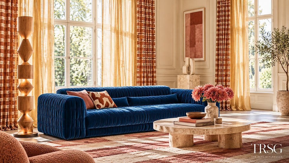 Interieur met Luminous Blue bank, warme gele inbetweens, geruite gordijnen, roze gestreept vloerkleed en sculpturale verlichting.