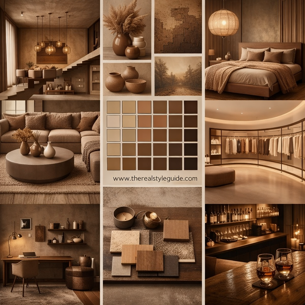 Moodboard met woon-, slaap- en retailinterieurs in warme bruintinten, gecombineerd met hout, stoffen, keramiek en een kleurenraster met natuurlijke aardetinten