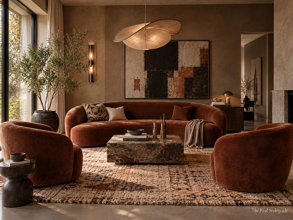 Vintage Berber vloerkleed bij roestbruine bank en fauteuils