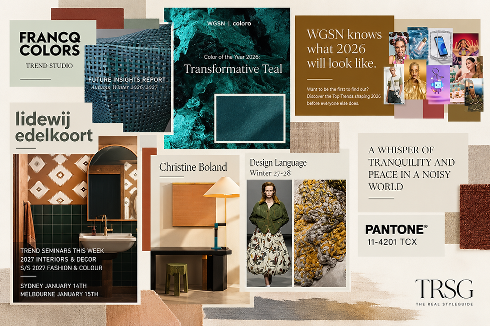 Overzicht van trendinstituten met verschillende visuele interpretaties van kleur en materiaal voor 2026 en 2027, waaronder WGSN Coloro, Pantone, Hilde Francq, Christine Boland en Lidewij Edelkoort