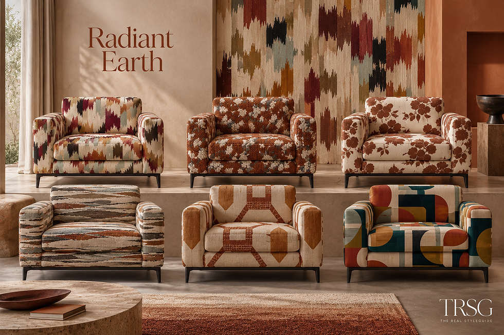 Zes identieke fauteuils in een raster, elk bekleed met een andere meubelstof met grafisch of botanisch patroon, gefotografeerd tegen een neutrale beige achtergrond met zwart metalen poten en watermark www.therealstyleguide.com rechtsonder
