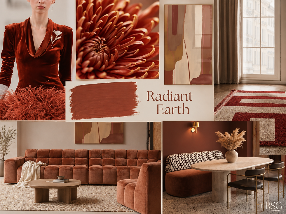 Moodboard Radiant Earth met warme aardetinten, fluweel, textiel, keramiek, interieur en materiaalstructuren voor kleurtrend 2028.