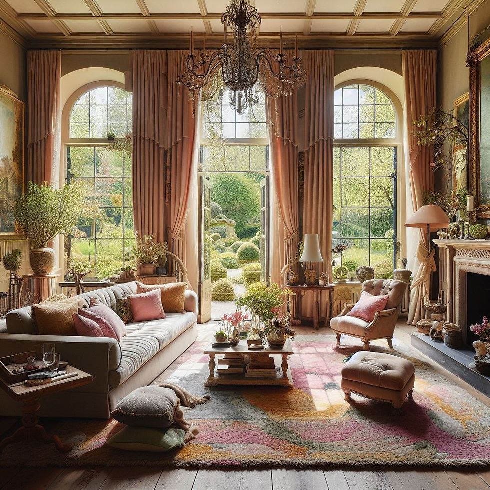 “Een elegant ingerichte woonkamer met een klassiek ontwerp. Grote ramen met perzikkleurige gordijnen bieden uitzicht op een zorgvuldig onderhouden tuin met buxusstruiken. De kamer is ingericht met een pluche bank, twee fauteuils en een poef, allemaal in zachte pasteltinten. Een kroonluchter hangt aan het plafond, wat bijdraagt aan de grandeur van de kamer. De vloer is bedekt met een groot vloerkleed met kleurrijke patronen. Diverse decoratieve items zoals boeken, vazen en lampen sieren de ruimte, wat een gezellige en uitnodigende sfeer creëert.”