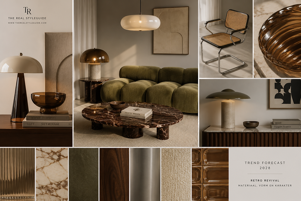 Retro revival moodboard 2028 met sculpturale bank, donker marmer, rookglas, chroom, walnoot hout en tactiele materialen in warme aardetinten en high end interieurdesign.
