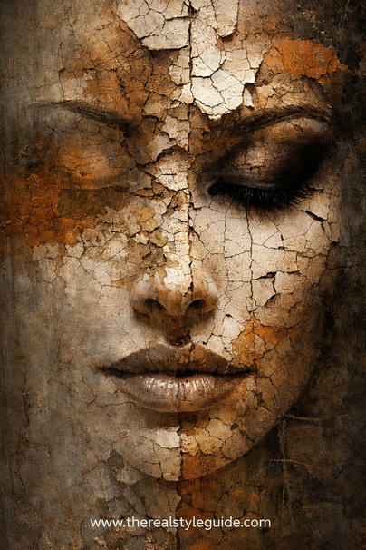 Close-up portret met craquelé-structuur in warme aardetinten, waarbij het gezicht deels wordt bedekt door verweerde lagen in beige en bruin