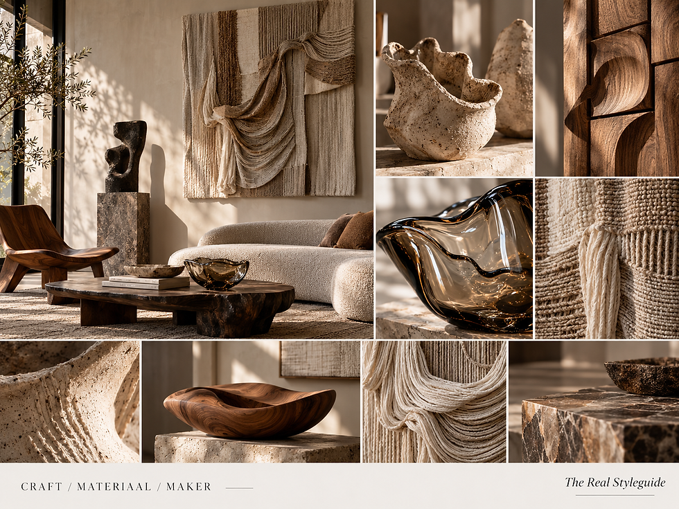 Collage met handgemaakt keramiek, geblazen glas, hout en textielkunst waarin materiaal, structuur en sporen van de maker zichtbaar zijn.
