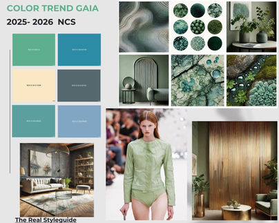 Een moodboard van de NCS kleurentrend Gaia, met kalmerende blauwtinten en groentinten geïnspireerd door de natuurlijke schoonheid van water. Deze kleuren brengen rust en sereniteit in het interieur, perfect voor een moderne en verfrissende uitstraling