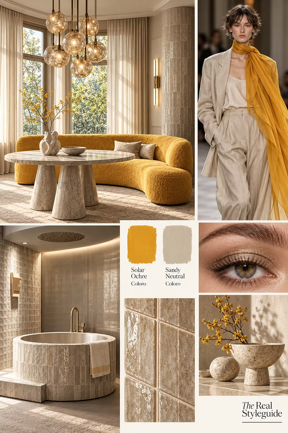 Solar Ochre & Sandy Neutral Warm interieurmoodboard met okergele bouclé eetbank, beige natuursteen, keramische tegels, glazen hanglampen en mode met een gele zijden sjaal.