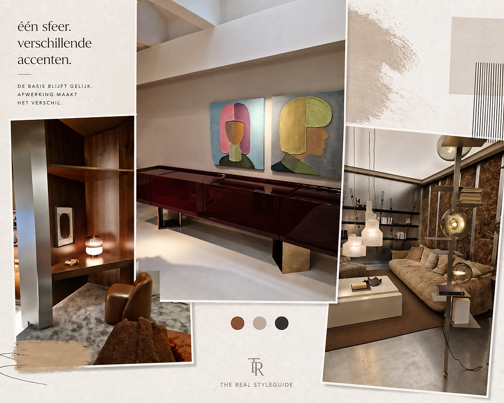 Moodboard met drie interieurs in dezelfde stijl, warme materialen en zachte vormen met variatie in afwerking zoals hout, hoogglans en verlichting