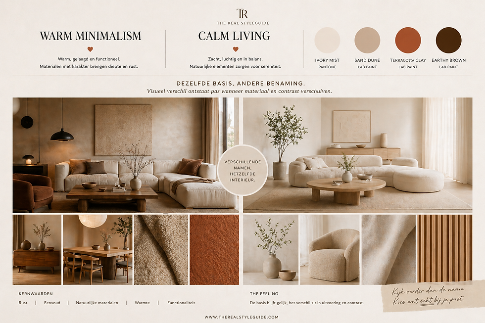 Moodboard met warm minimalism en calm living interieur naast elkaar, vergelijkbare opstellingen met neutrale kleuren, hout en zachte vormen, verschil zichtbaar in materiaal en afwerking