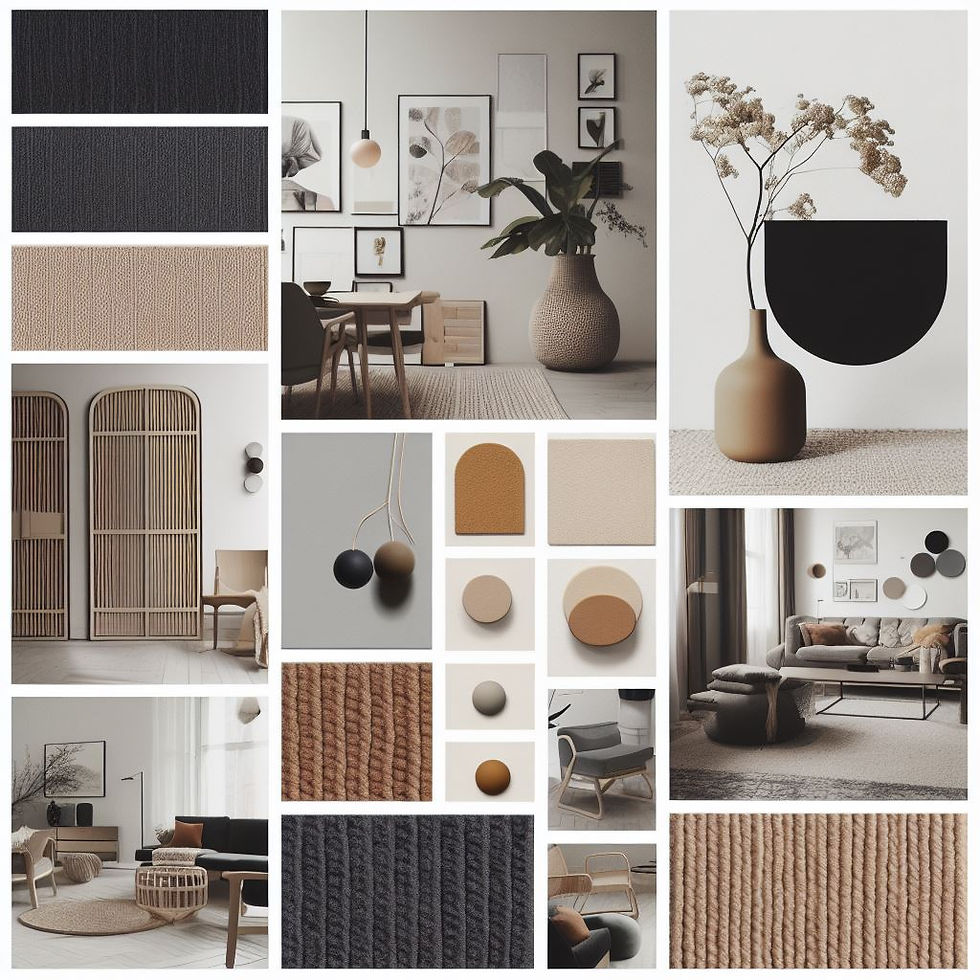 japandi interieurtrend met basis tinten en natuurlijk materiaal. moodboard gemaakt met ai