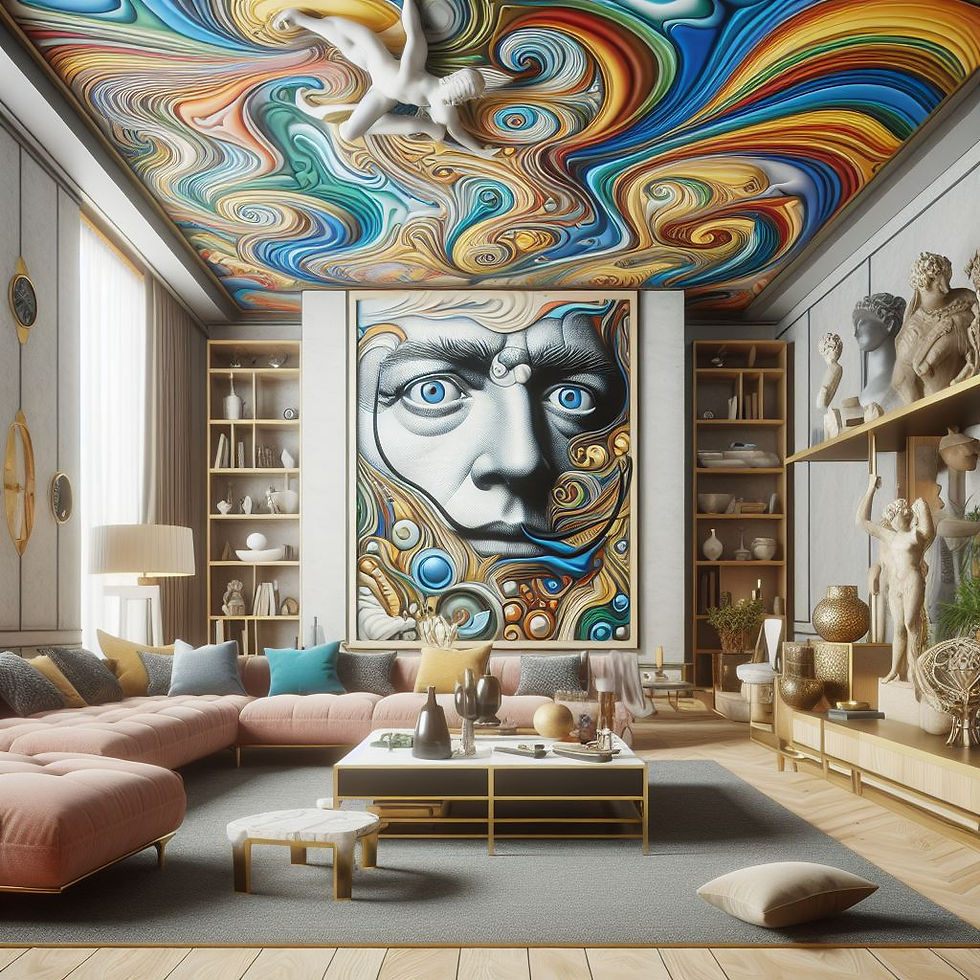 De afbeelding toont een luxueuze woonkamer met een moderne artistieke flair. De kamer heeft twee banken in een zachte roze tint die tegenover elkaar staan, met een verscheidenheid aan sierkussens en een grote, centrale salontafel met een gouden frame, versierd met decoratieve objecten. Aan weerszijden van de banken staan bijpassende bijzettafels met lampen. Voor een van de banken ligt een pluche, gebroken wit vloerkleed.  Een opvallend kenmerk van de kamer is het plafond, dat bedekt is met een levendige, wervelende abstracte schildering in tinten blauw, rood, oranje en wit, die zich uitstrekt tot op het bovenste deel van de muren. Dit kunstwerk geeft een indruk van dynamische beweging en voegt een gedurfde kleur toe aan de anders neutraal getinte kamer.  Aan één muur bevindt zich een uitgebreide boekenkast gevuld met boeken, afgewisseld met sculpturen en decoratieve objecten. Tegenover staat een andere kast met meer sculpturen die klassiek van stijl lijken te zijn.  Voor deze kast hangt een groot leeg canvas of scherm, omlijst door aan de muur gemonteerde lampen aan beide zijden. Het doel of de functie van dit canvas is niet duidelijk uit de afbeelding alleen.  De vloer bestaat uit lichtgekleurde hardhouten planken die het warme kleurenpalet van de kamer aanvullen.