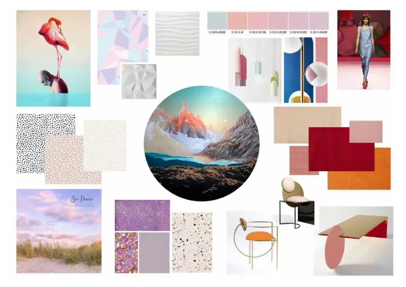 een moodboard met de kleuren van de interieurtrend escapisme die nog niet zo te zien zijn in 2023 op de beurs