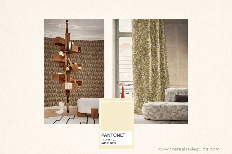 Collage met twee interieurbeelden in warme natuurtinten en het Pantone kleurstaal 11-0515 TCX Lemon Icing als onderdeel van het Morphosis kleurenpalet voor 2024 en 2025