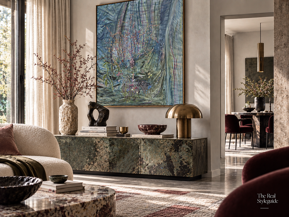 Luxe woonkamer met groot expressief schilderij, sculpturale objecten en gelaagde materialen in een warm modern interieur.