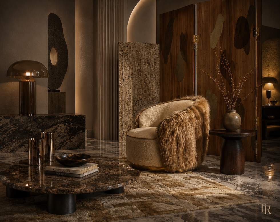 High end interieursetting met tactiele fauteuil in bontstructuur, donkere marmeren salontafel, sculpturale roomdivider in hout, warm sfeerlicht en luxe materialen zoals travertin, gepolijst steen en rookglas in een editorial hotelachtige sfeer.