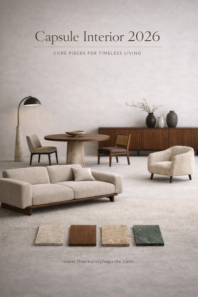 Minimalistisch capsule interieur 2026 met beige bank, houten eettafel, design fauteuil en dressoir in warme natuurlijke materialen en neutrale kleuren