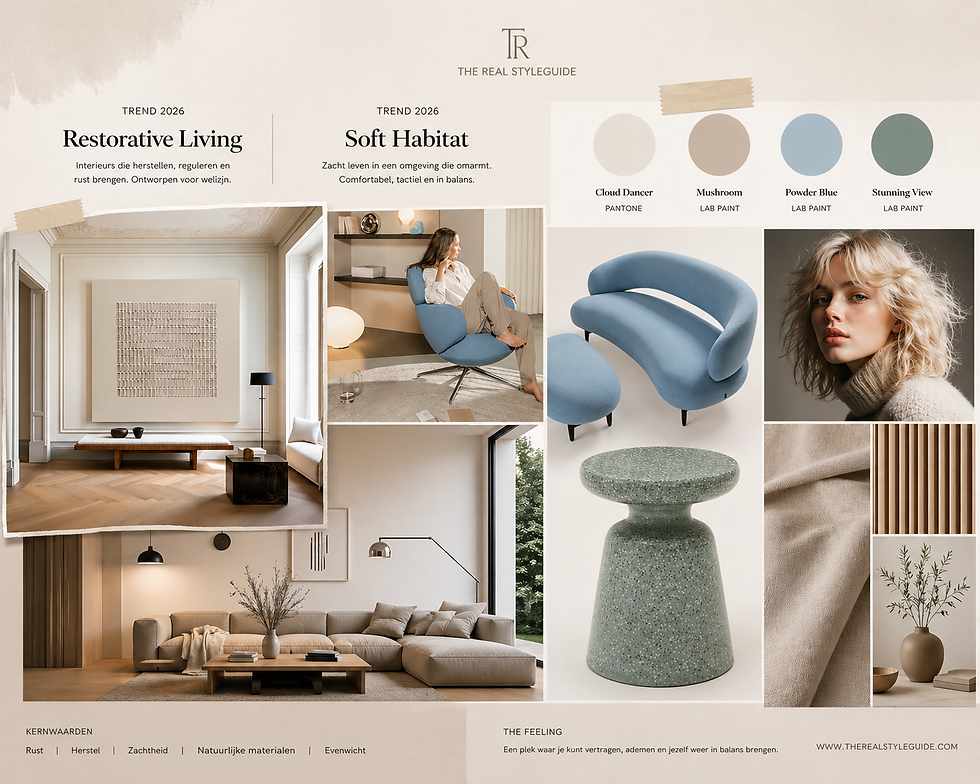 Moodboard met restorative living en soft habitat interieur, lichte neutrale ruimtes met zachte vormen, hout en textiel, aangevuld met kleuraccenten in blauw en groen