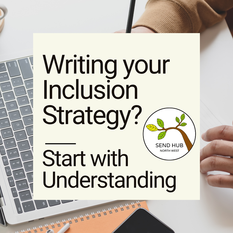 Person holds sign reading Writing your Inclusion Strategy? Start with Understanding, beside laptop and notebook with SEND Hub logo.