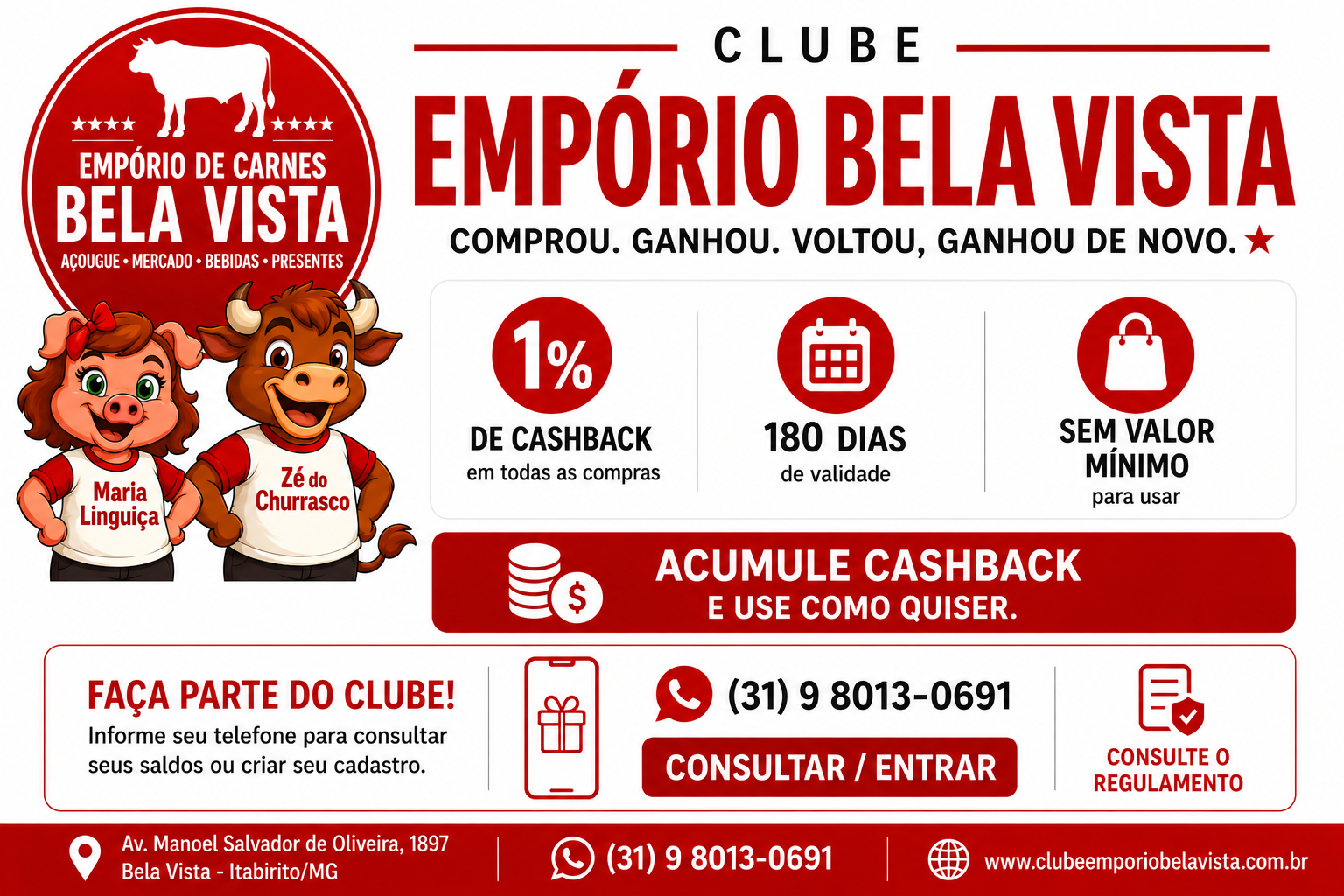 Clube Empório Bela Vista — 1% de cashback, validade de 180 dias e sem valor mínimo