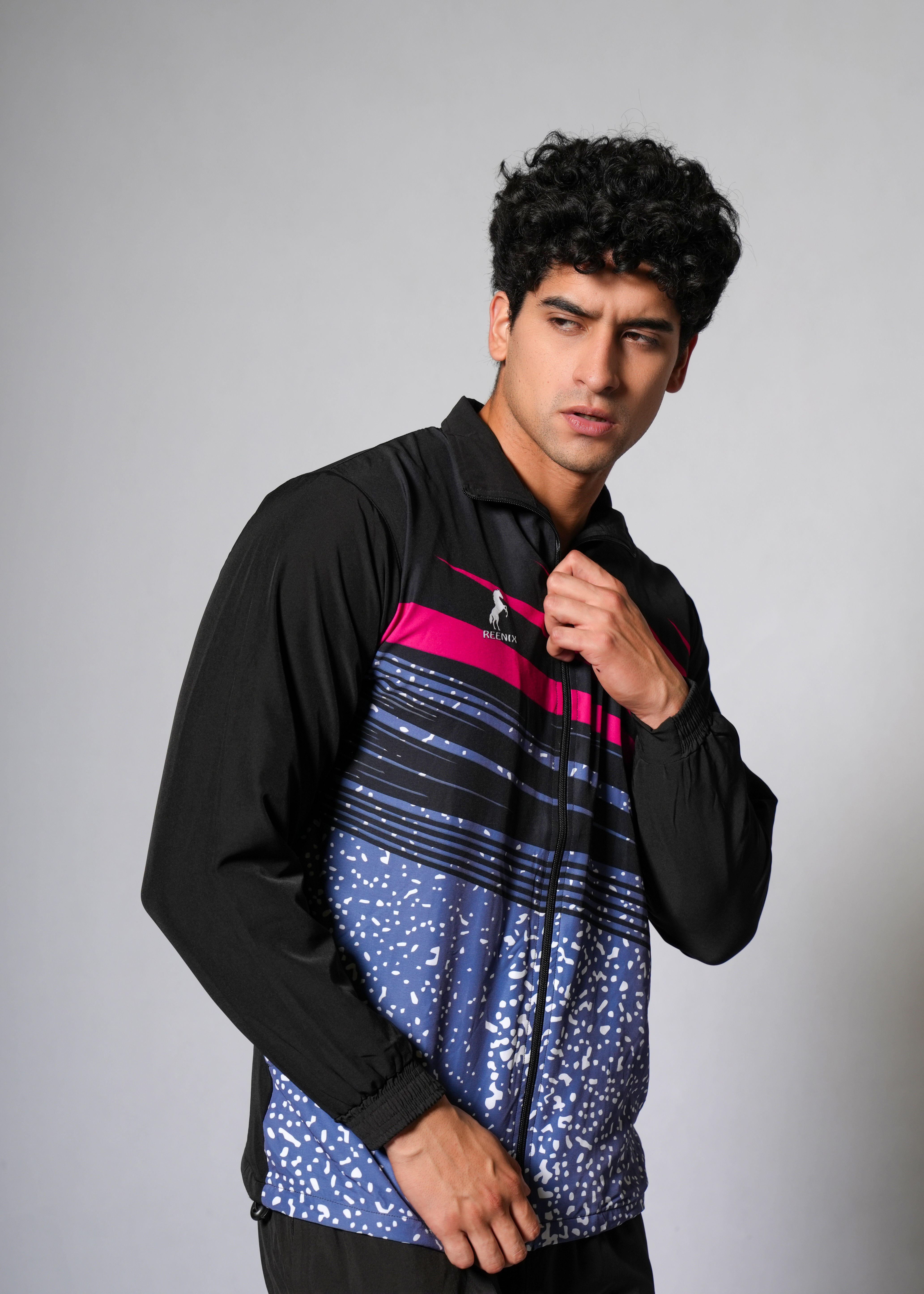 Black- Grey Graphic Printed Track upper/Jacket